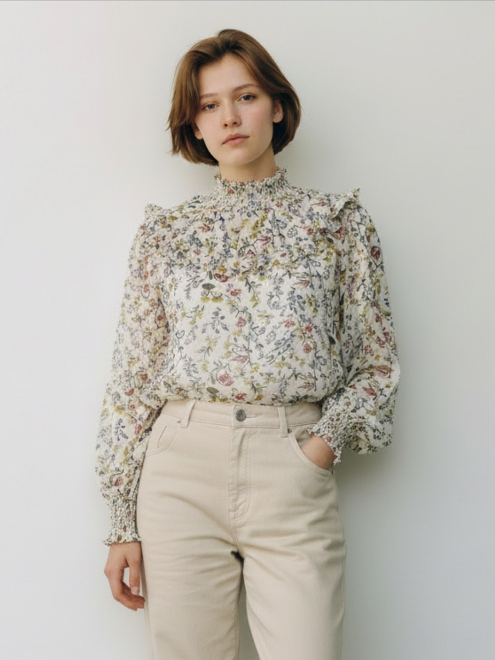 Revamped high collar floral long sleeve whimsical modest feminine top large